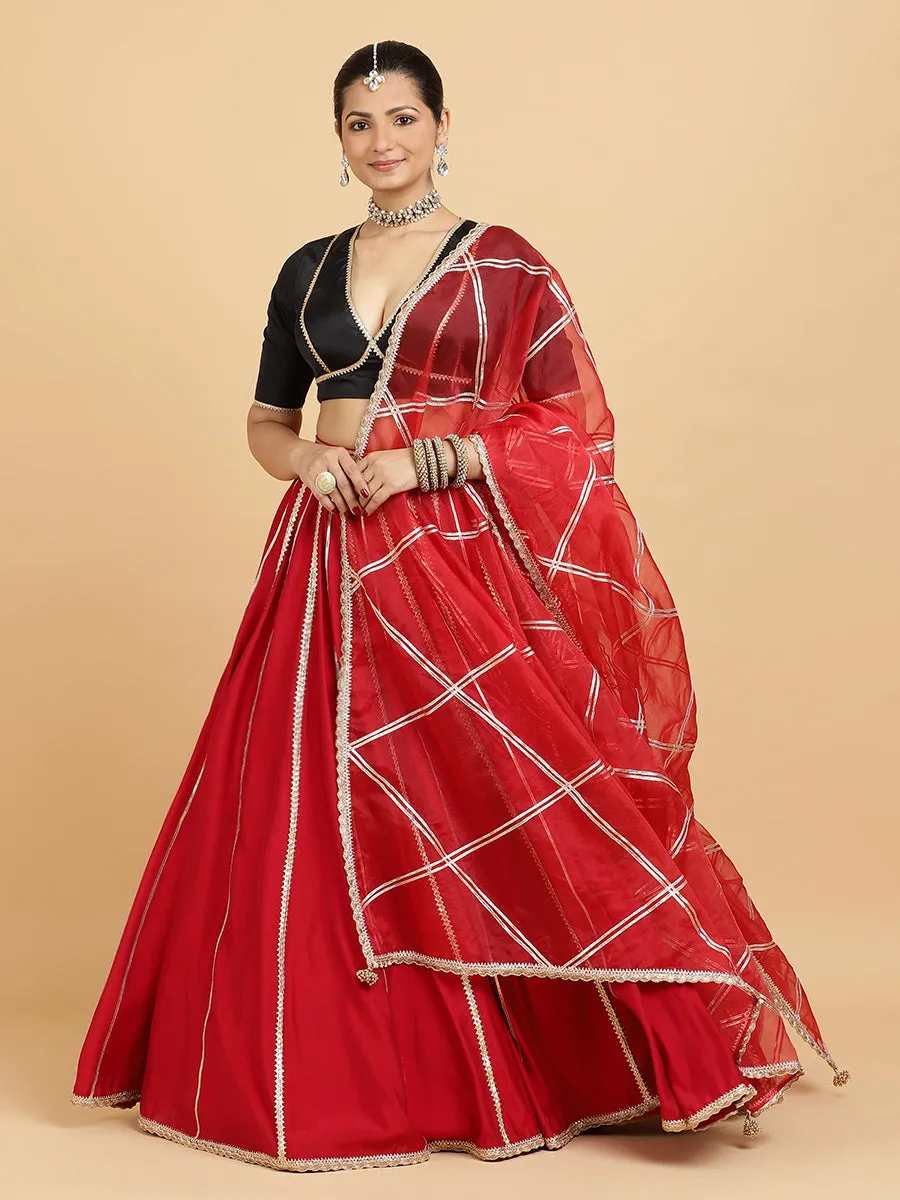 Madhuri Zeenat 3-Piece Lehenga Set | Red Lehenga, Charcoal Black Blouse | With Leela Red Dupatta