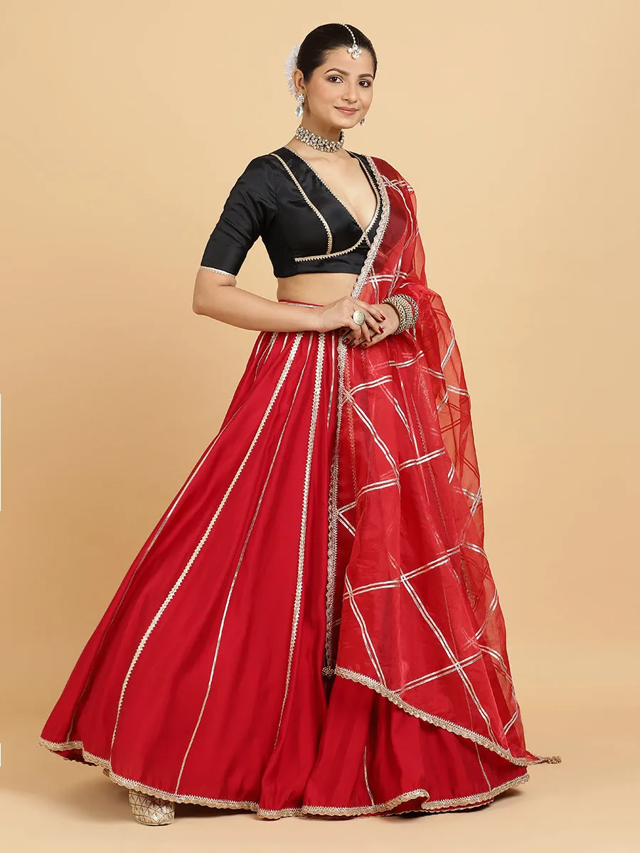 Madhuri Zeenat 3-Piece Lehenga Set | Red Lehenga, Charcoal Black Blouse | With Leela Red Dupatta