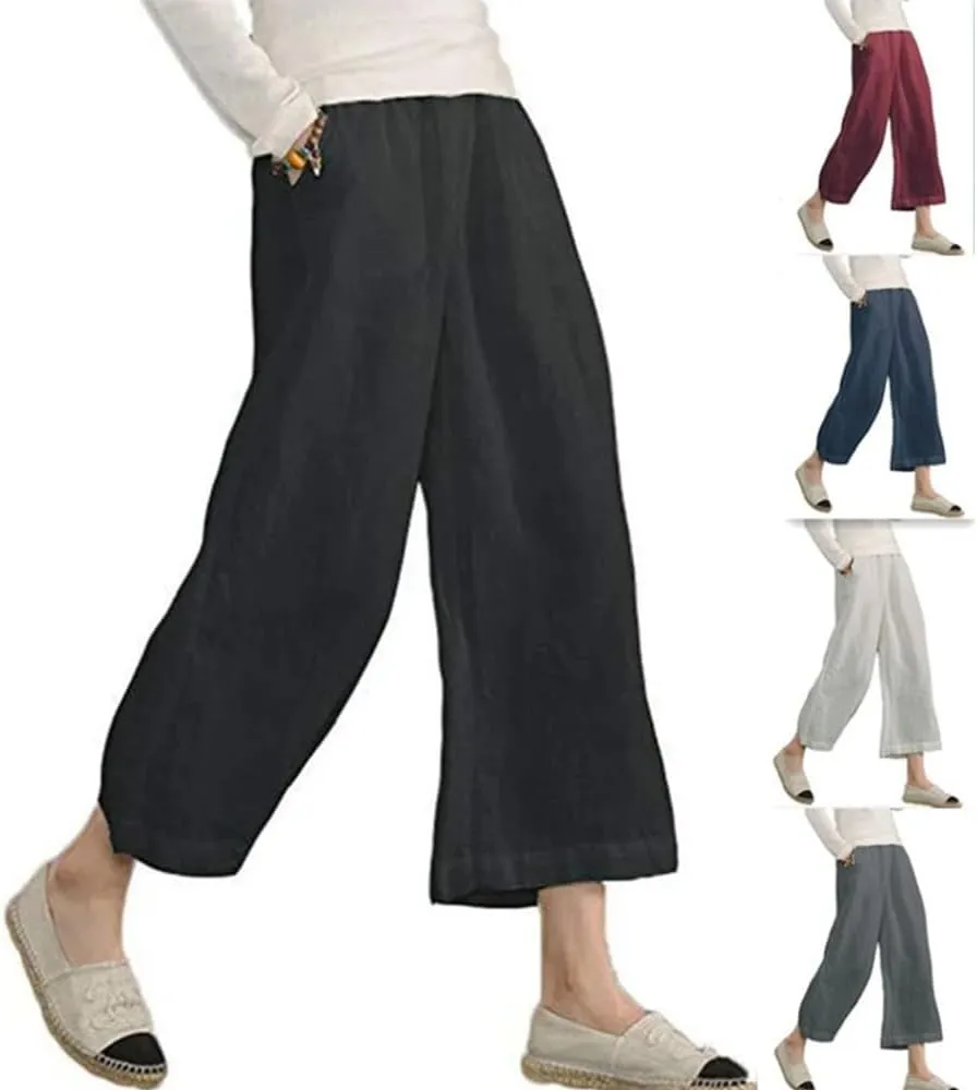 MARSVOVO Womens Casual Loose Elastic Waist Cotton Linen Wide Leg Pants Linen Trouser for Women Cropped Pants with Pockets