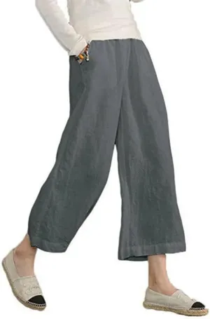 MARSVOVO Womens Casual Loose Elastic Waist Cotton Linen Wide Leg Pants Linen Trouser for Women Cropped Pants with Pockets