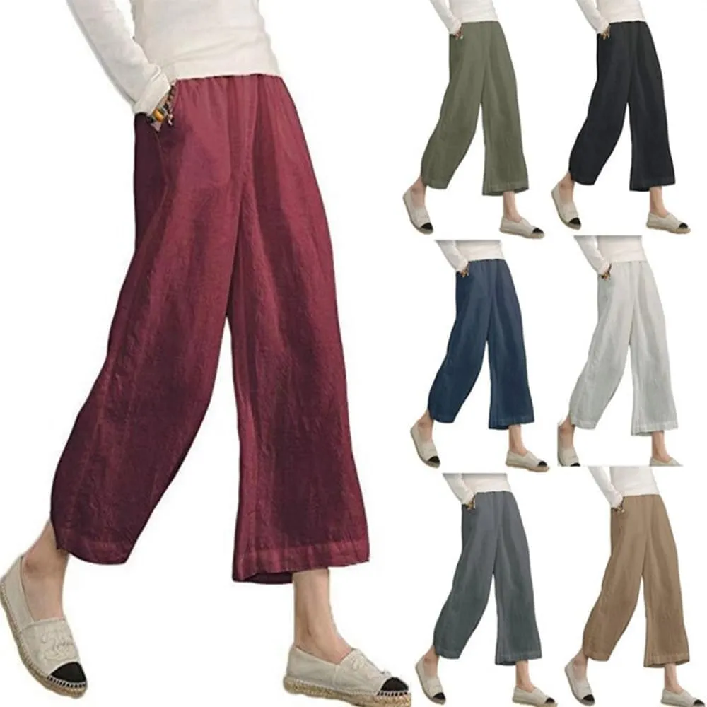 MARSVOVO Womens Casual Loose Elastic Waist Cotton Linen Wide Leg Pants Linen Trouser for Women Cropped Pants with Pockets