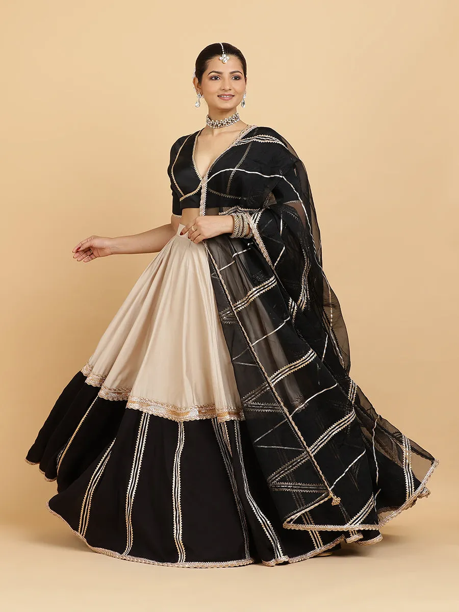 Mastani Zeenat 3-Piece Lehenga Set | Grey Black Colour Blocked Lehenga, Charcoal Black Blouse | With Chandni Black Dupatta