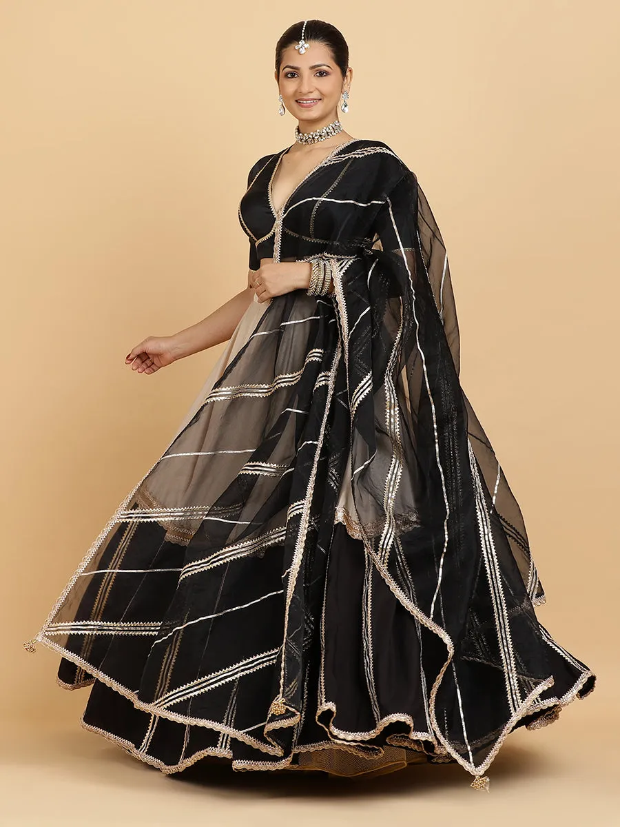 Mastani Zeenat 3-Piece Lehenga Set | Grey Black Colour Blocked Lehenga, Charcoal Black Blouse | With Chandni Black Dupatta