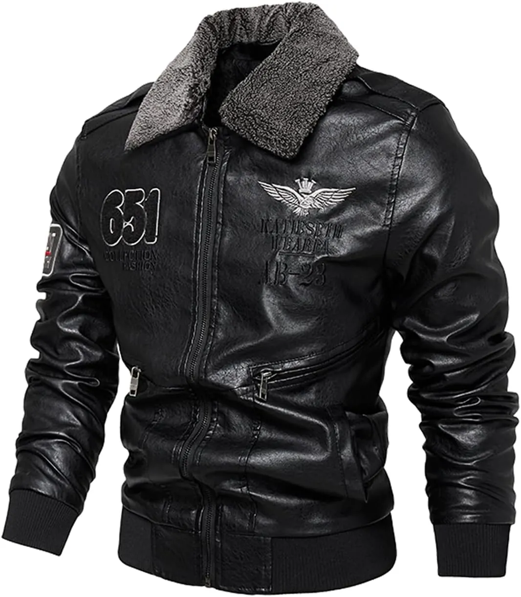 Men's Cool Bomber Pilot Leather Jacket Mens Winter Motorcycle Varsity Fleece Jackets