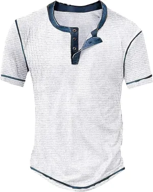 Mens Distressed Henley Shirts Vintage Color Block Waffle Plaid Short Sleeve Button T-Shirt Slim Fit Casual Shirt