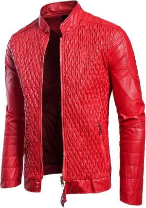 Men's Pocket Leather Jacket Stand Collar Motorcycle Leathers Coat Zip-Up Biker Bomber Jackets