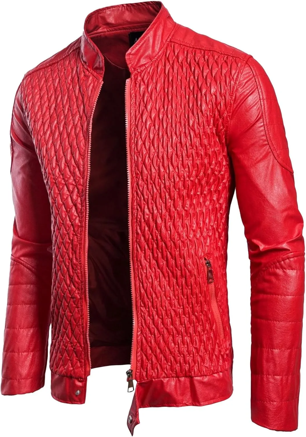 Men's Pocket Leather Jacket Stand Collar Motorcycle Leathers Coat Zip-Up Biker Bomber Jackets
