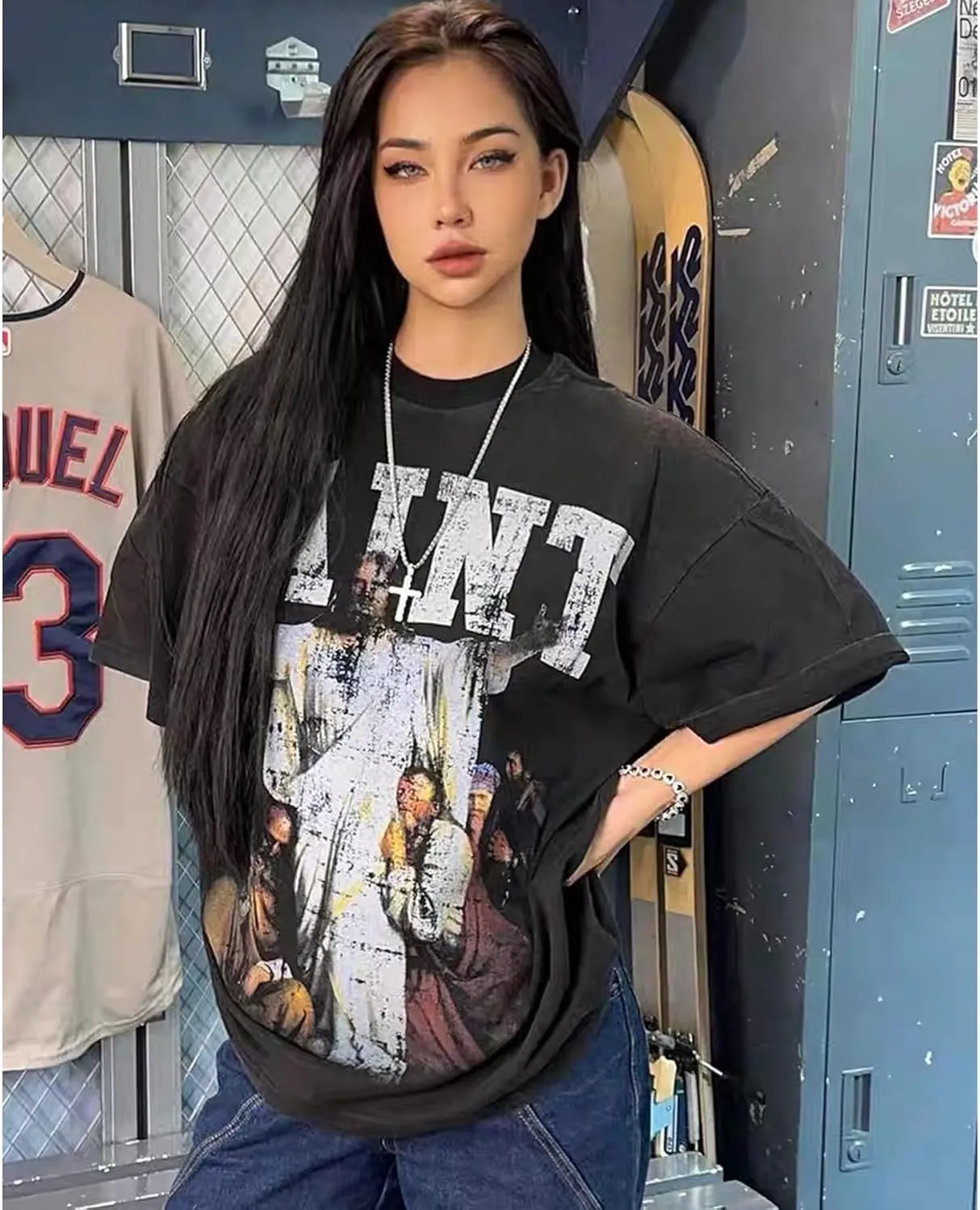 Men's Saint Graphic Print Oversized T-Shirt Casual Crewneck Short Sleeve Tops