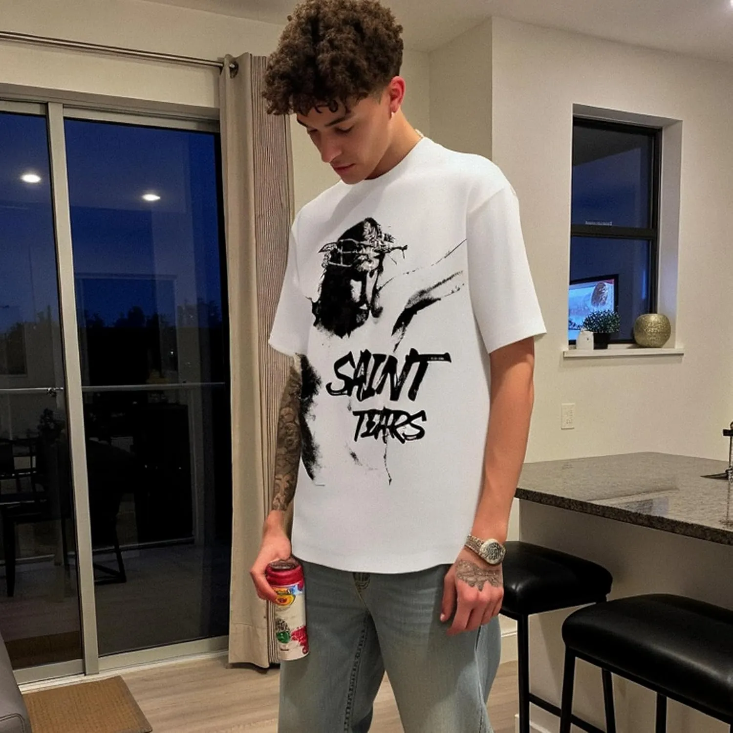 Men's Saint Graphic Print Oversized T-Shirt Casual Crewneck Short Sleeve Tops