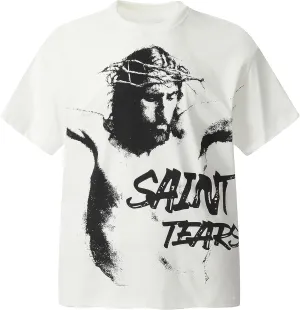 Men's Saint Graphic Print Oversized T-Shirt Casual Crewneck Short Sleeve Tops