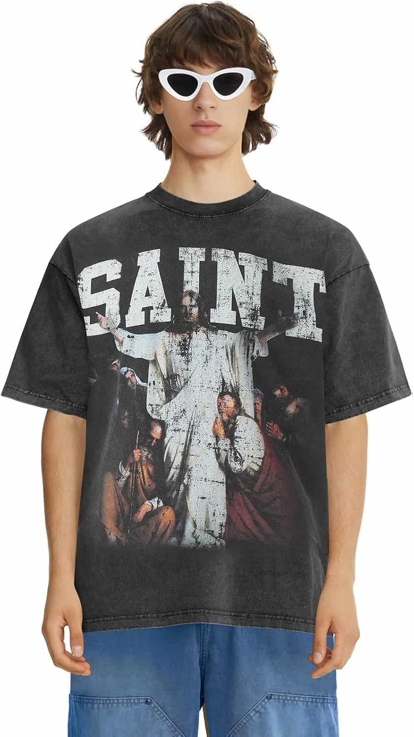 Men's Saint Graphic Print Oversized T-Shirt Casual Crewneck Short Sleeve Tops