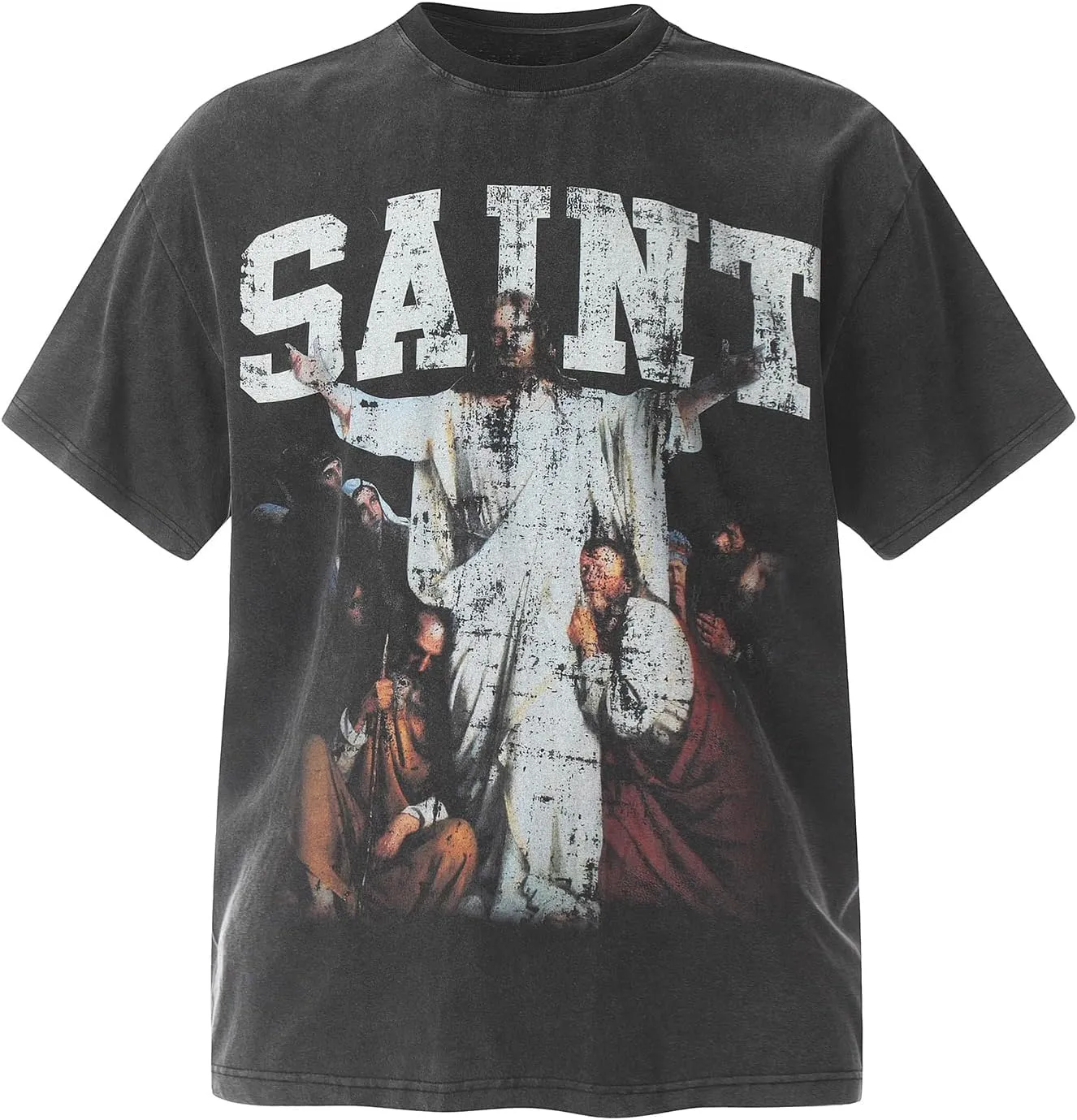 Men's Saint Graphic Print Oversized T-Shirt Casual Crewneck Short Sleeve Tops
