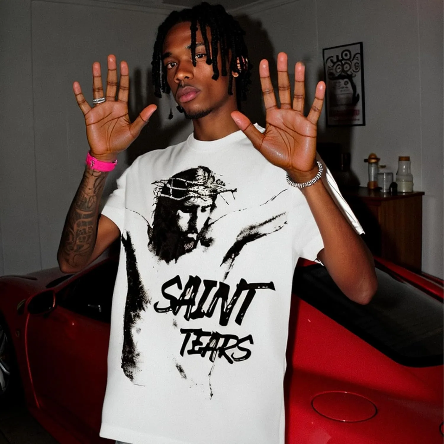 Men's Saint Graphic Print Oversized T-Shirt Casual Crewneck Short Sleeve Tops