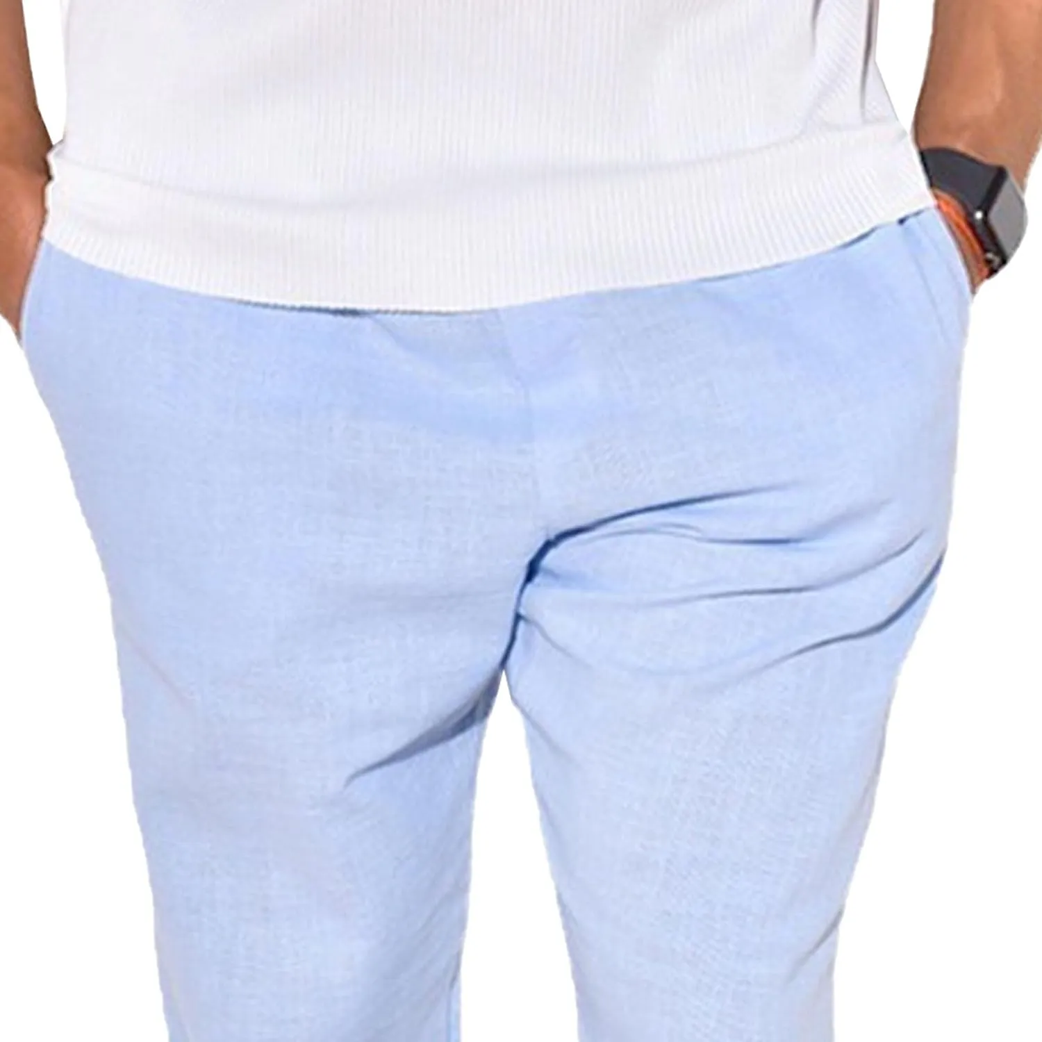 Men's Solid Cotton Linen Basic Pants Loose Fit Classic Beach Trousers Elastic Waist Lightweight Summer Pants