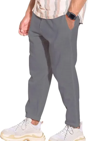 Men's Solid Cotton Linen Basic Pants Loose Fit Classic Beach Trousers Elastic Waist Lightweight Summer Pants