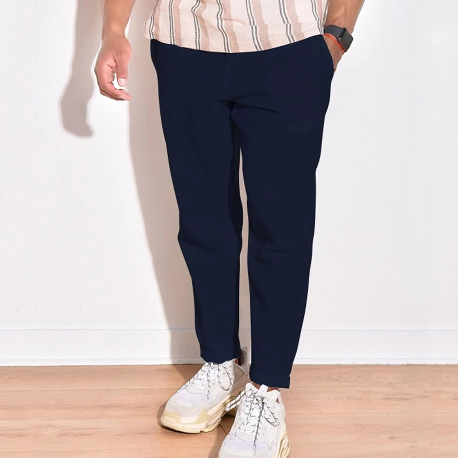 Men's Solid Cotton Linen Basic Pants Loose Fit Classic Beach Trousers Elastic Waist Lightweight Summer Pants