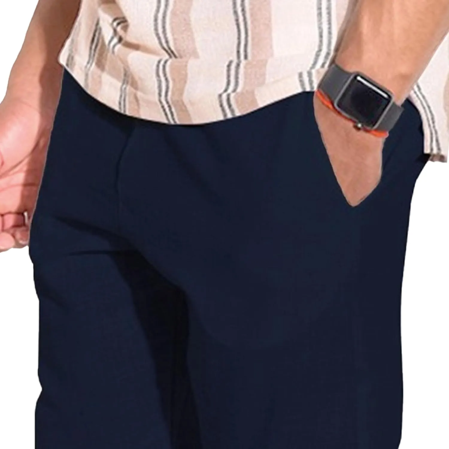 Men's Solid Cotton Linen Basic Pants Loose Fit Classic Beach Trousers Elastic Waist Lightweight Summer Pants