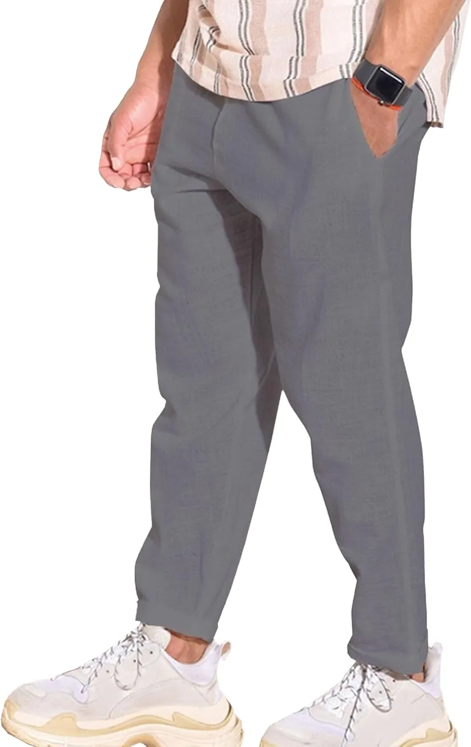 Men's Solid Cotton Linen Basic Pants Loose Fit Classic Beach Trousers Elastic Waist Lightweight Summer Pants