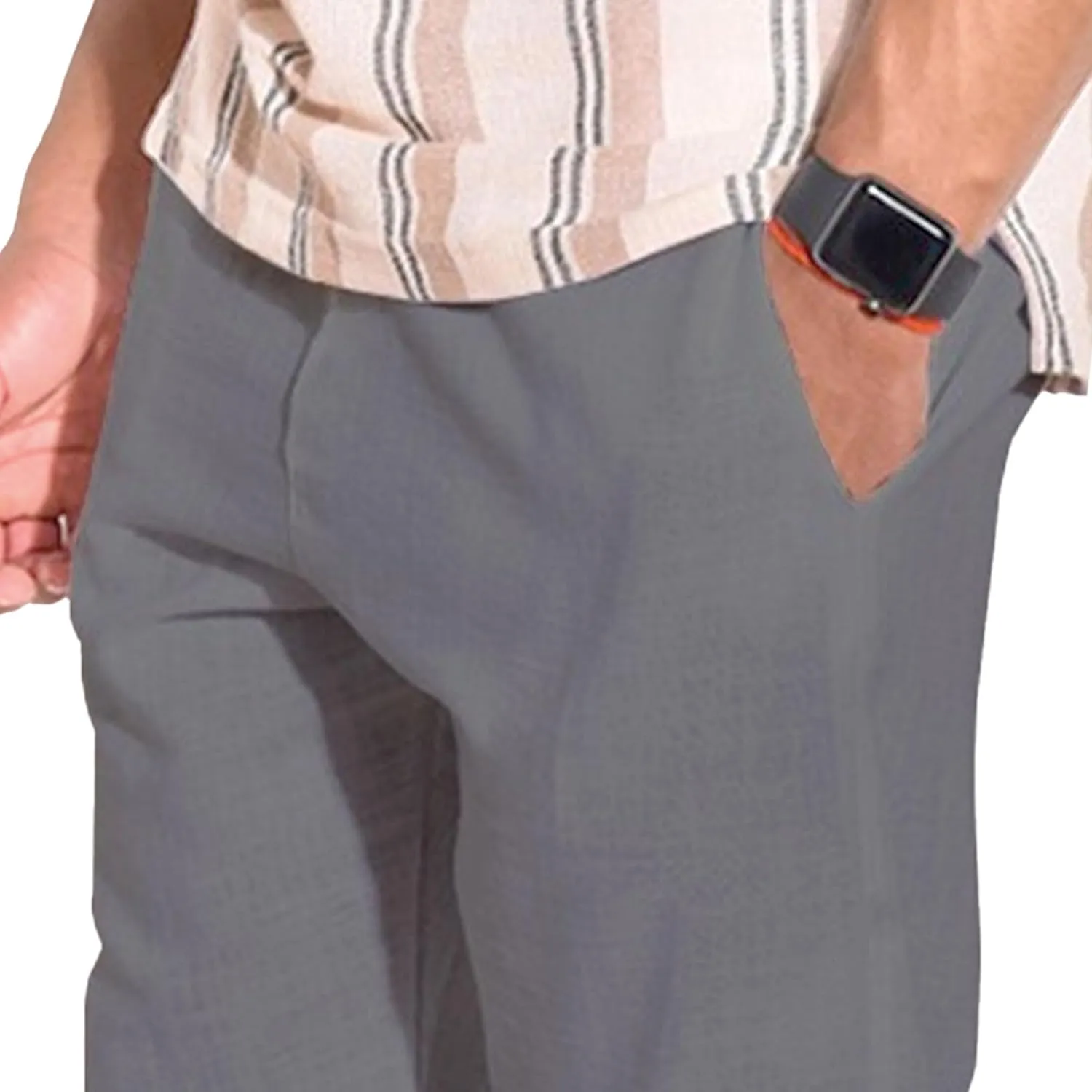 Men's Solid Cotton Linen Basic Pants Loose Fit Classic Beach Trousers Elastic Waist Lightweight Summer Pants