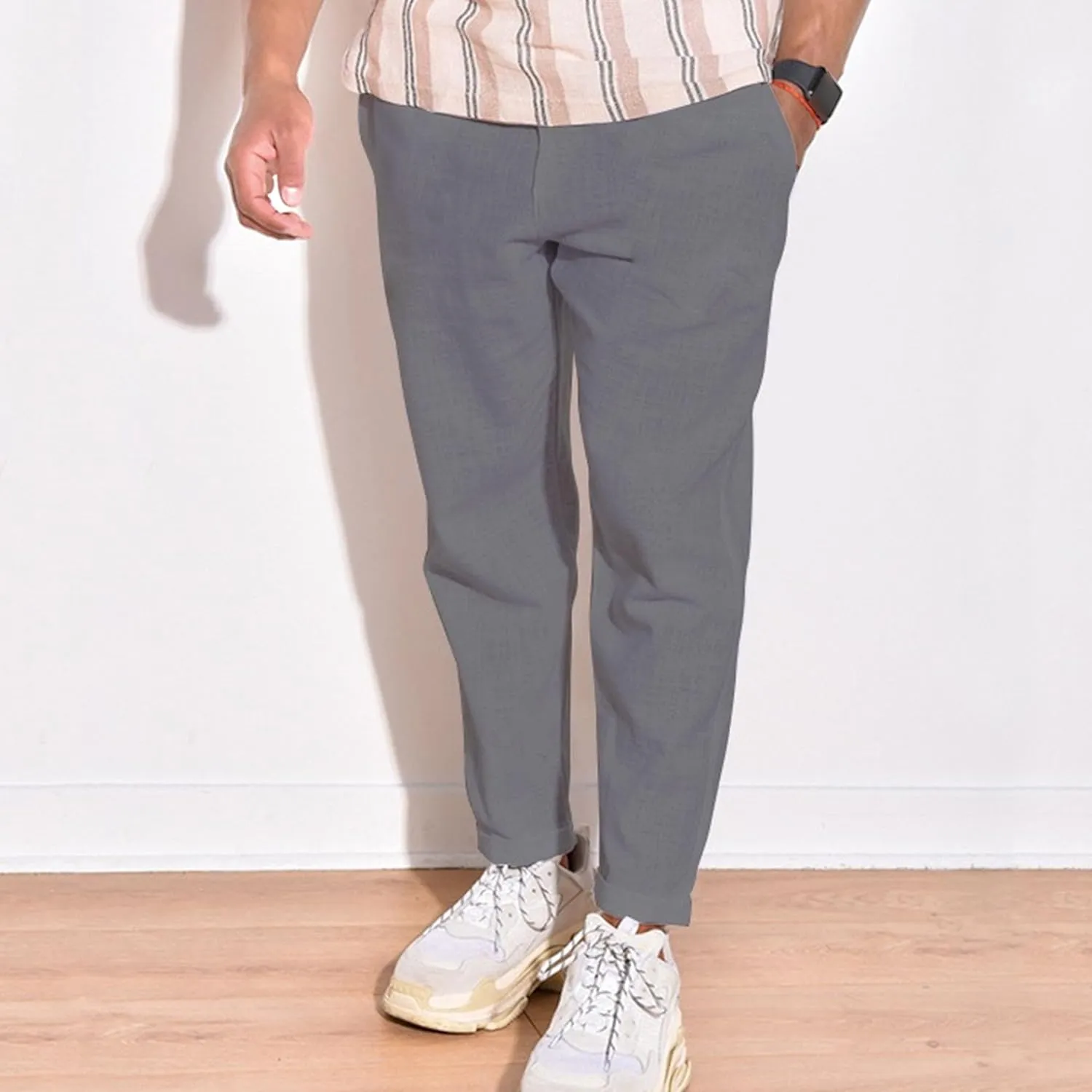Men's Solid Cotton Linen Basic Pants Loose Fit Classic Beach Trousers Elastic Waist Lightweight Summer Pants