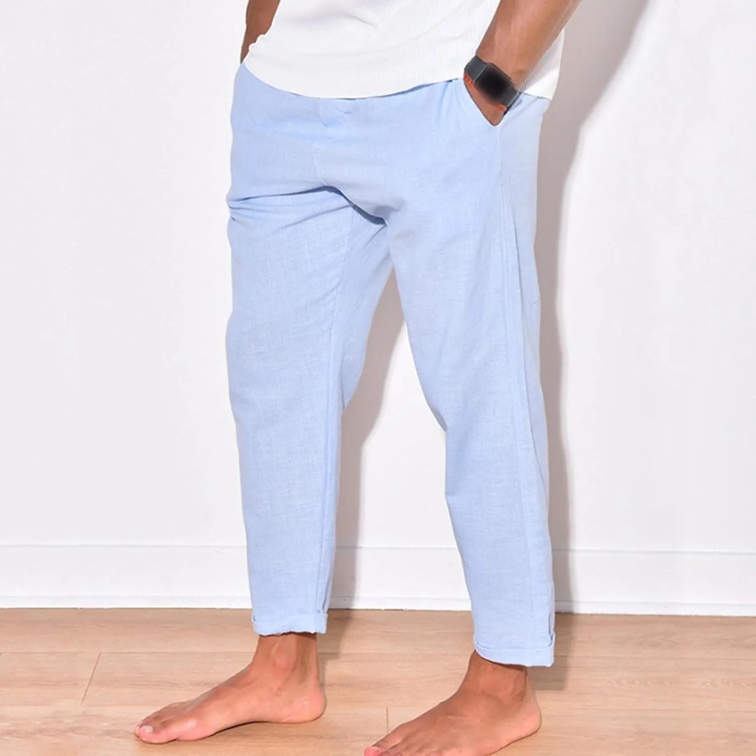 Men's Solid Cotton Linen Basic Pants Loose Fit Classic Beach Trousers Elastic Waist Lightweight Summer Pants