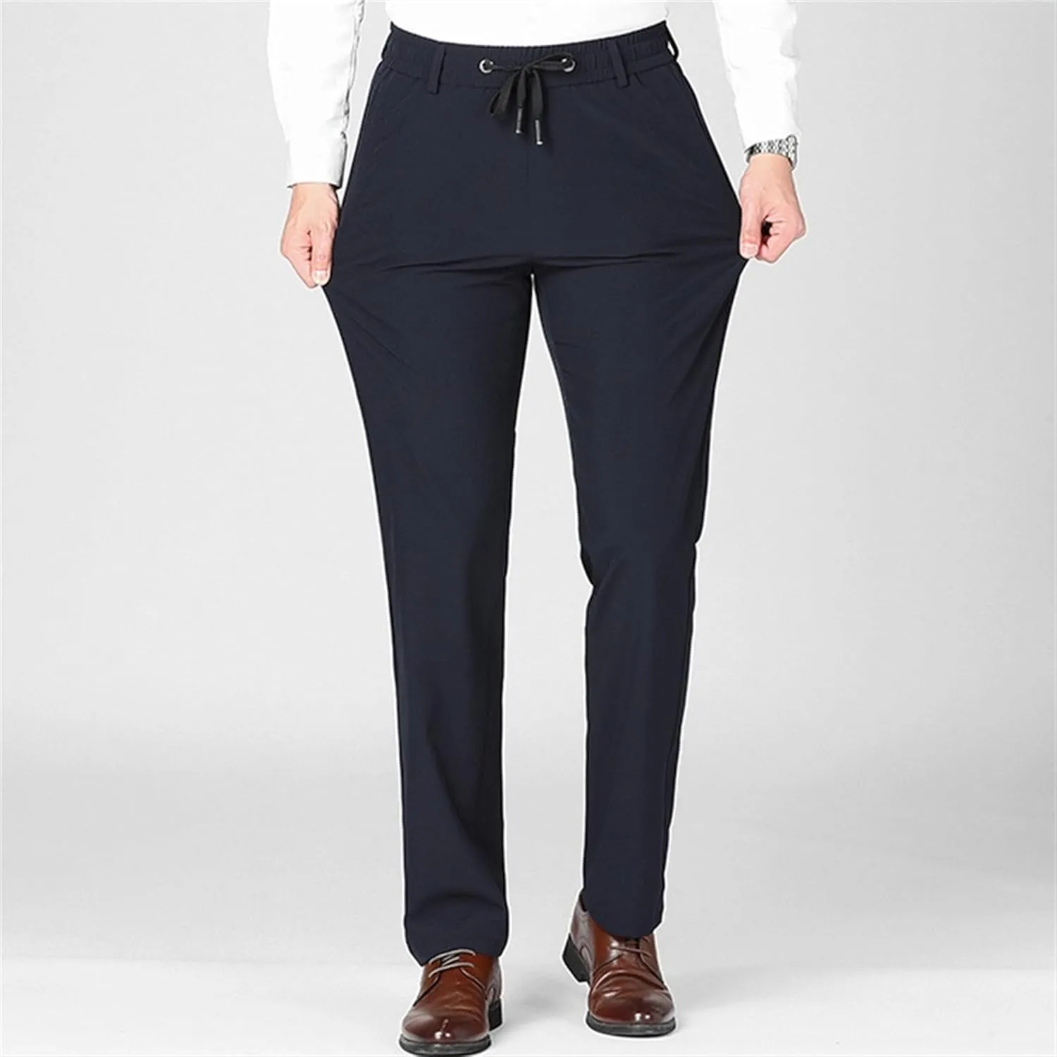 Men's Stretch Straight Leg Classic Pants Quick Dry Drawstring Summer Trousers Casual Solid Regular Fit Pants