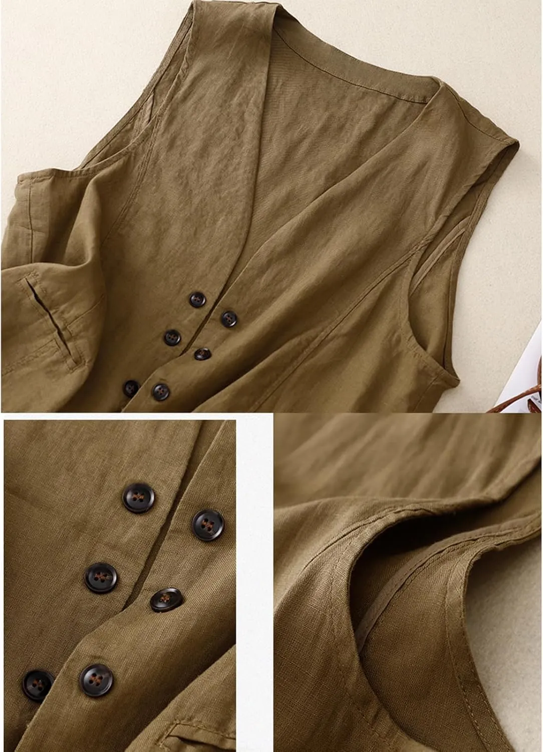 MINTLIMIT Women's Linen Vest Summer Sleeveless V Neck Blazer Vest Lightweight Work Casual Cotton Waistcoat with Pocket