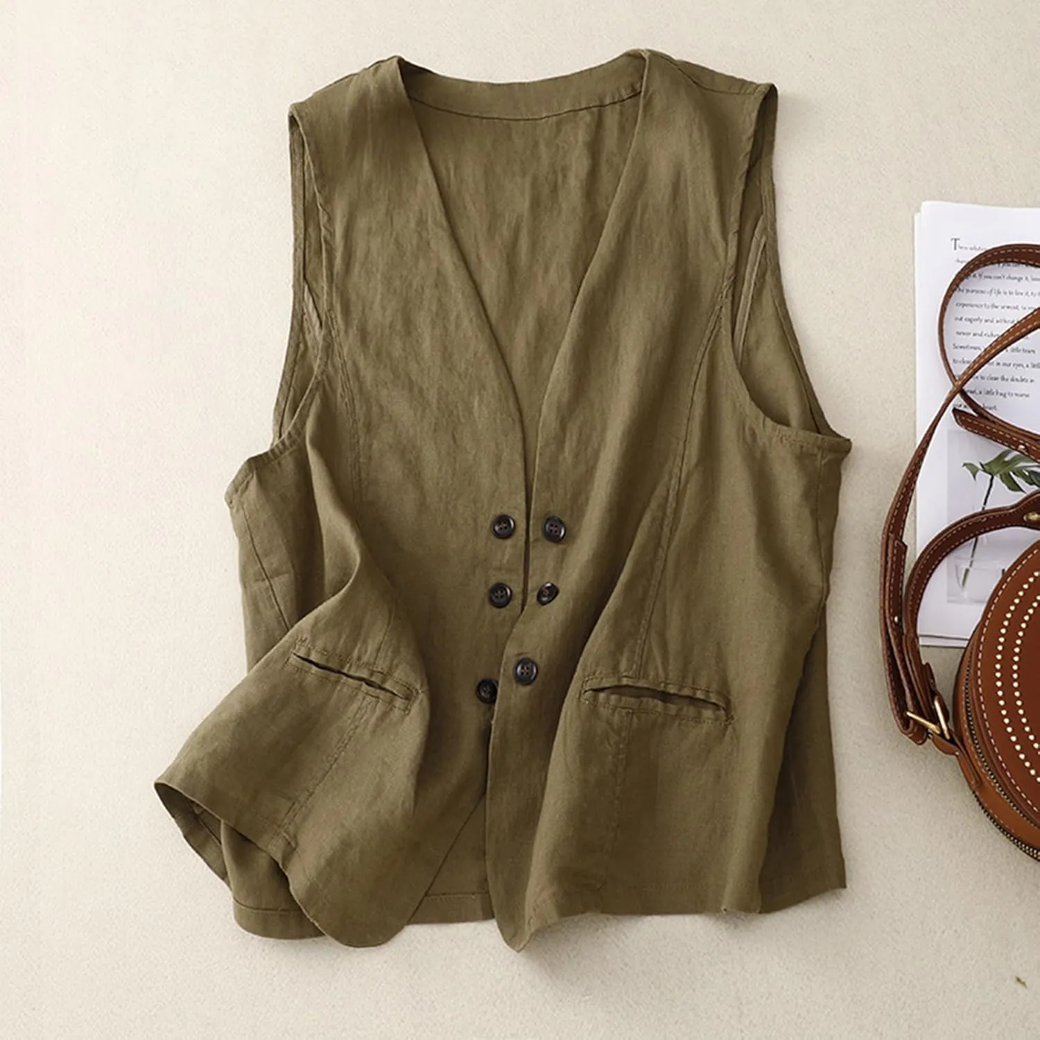 MINTLIMIT Women's Linen Vest Summer Sleeveless V Neck Blazer Vest Lightweight Work Casual Cotton Waistcoat with Pocket