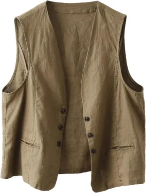 MINTLIMIT Women's Linen Vest Summer Sleeveless V Neck Blazer Vest Lightweight Work Casual Cotton Waistcoat with Pocket