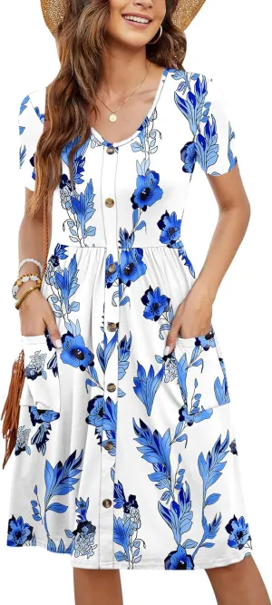 MOLERANI Women Summer Casual Short Sleeve V Neck Dresses Button Down Sundress Beach Vacation with Pockets Travel Outfits