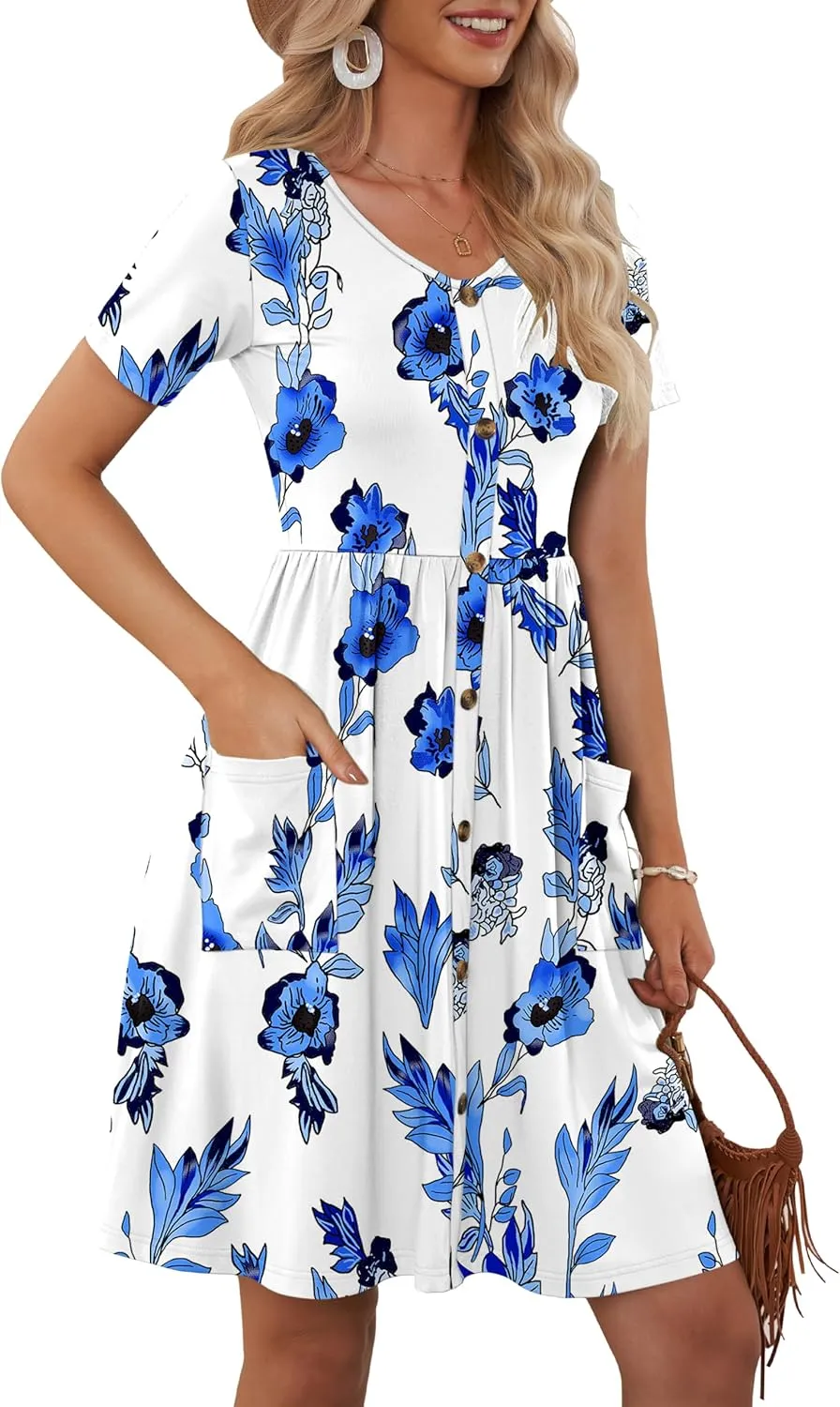 MOLERANI Women Summer Casual Short Sleeve V Neck Dresses Button Down Sundress Beach Vacation with Pockets Travel Outfits