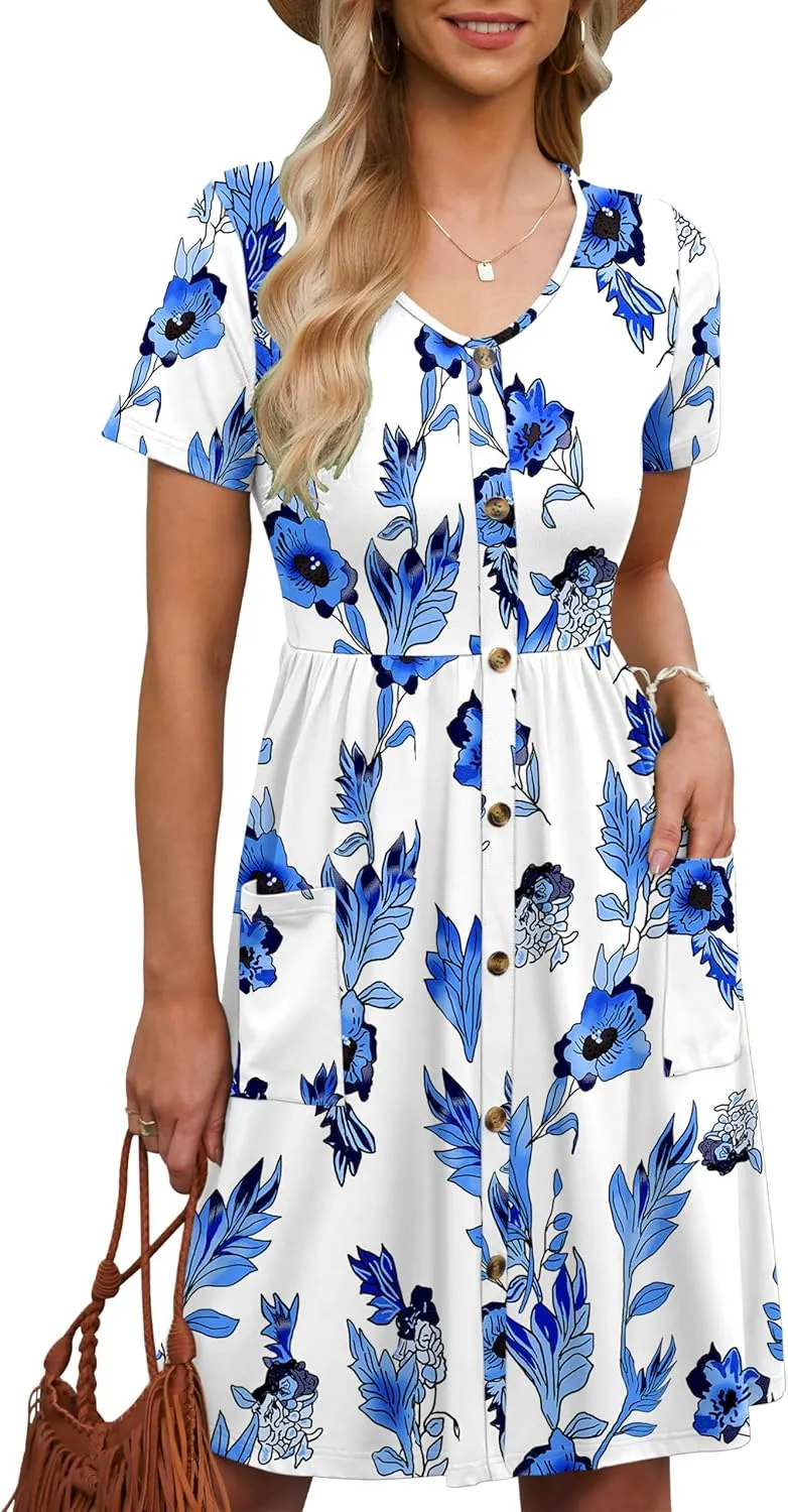 MOLERANI Women Summer Casual Short Sleeve V Neck Dresses Button Down Sundress Beach Vacation with Pockets Travel Outfits