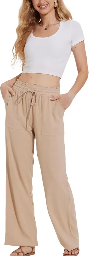 Moss Rose Women's Linen Pants Drawstring High Waisted Flowy Wide Leg Palazzo Trousers with Pockets