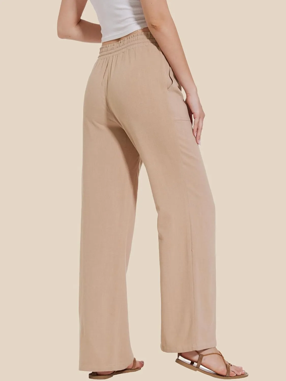 Moss Rose Women's Linen Pants Drawstring High Waisted Flowy Wide Leg Palazzo Trousers with Pockets