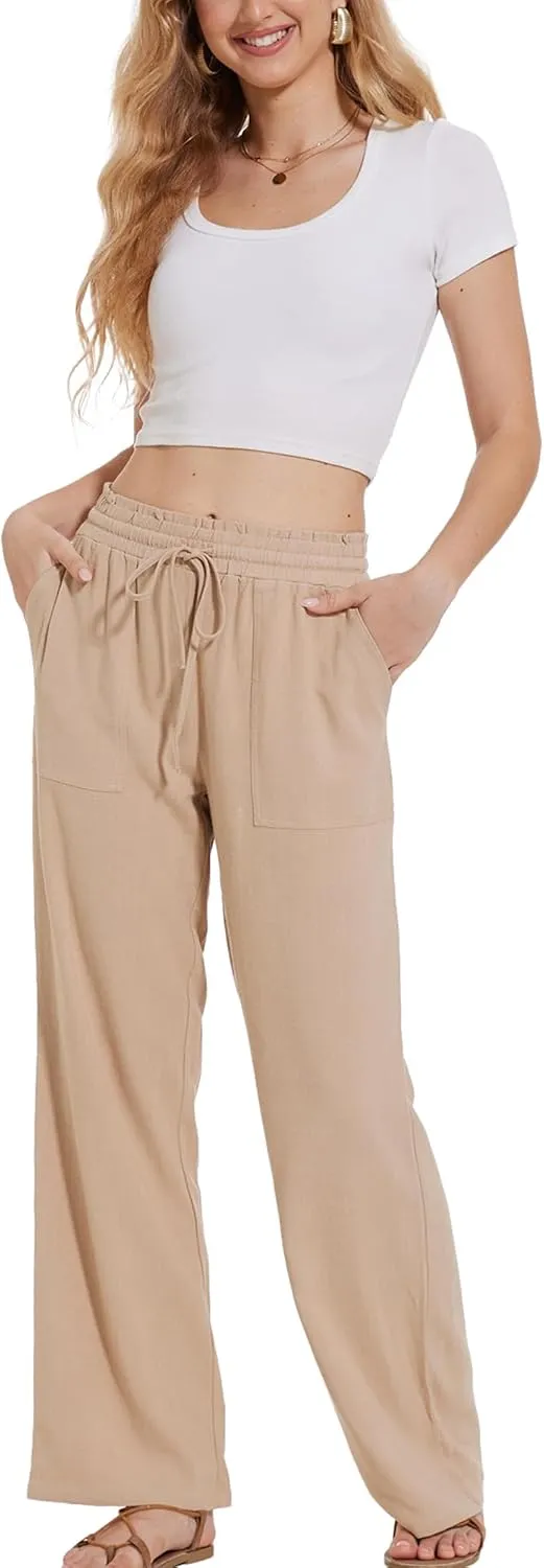 Moss Rose Women's Linen Pants Drawstring High Waisted Flowy Wide Leg Palazzo Trousers with Pockets