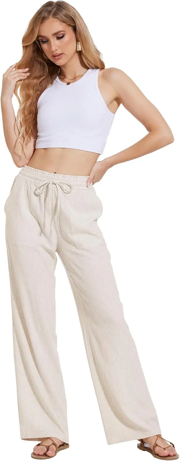 Moss Rose Women's Linen Pants Drawstring High Waisted Flowy Wide Leg Palazzo Trousers with Pockets