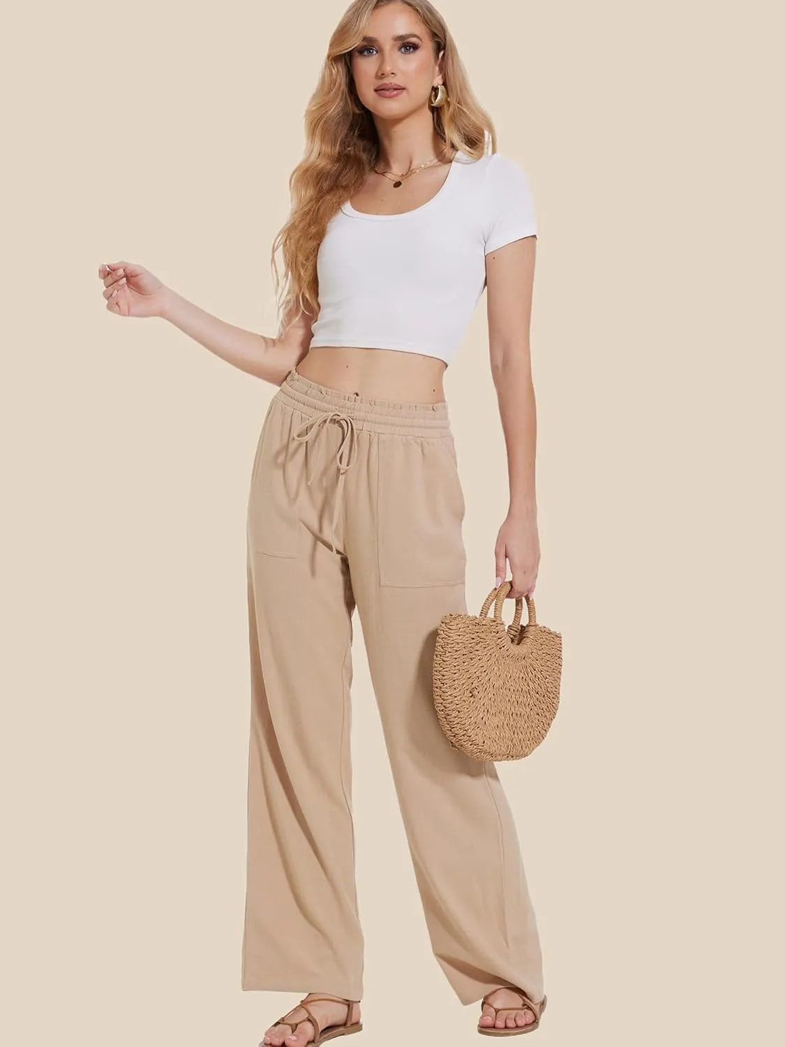 Moss Rose Women's Linen Pants Drawstring High Waisted Flowy Wide Leg Palazzo Trousers with Pockets