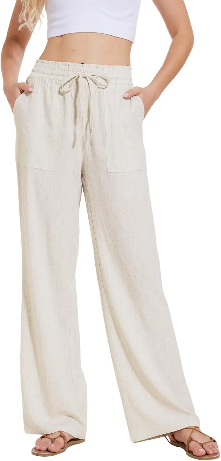 Moss Rose Women's Linen Pants Drawstring High Waisted Flowy Wide Leg Palazzo Trousers with Pockets