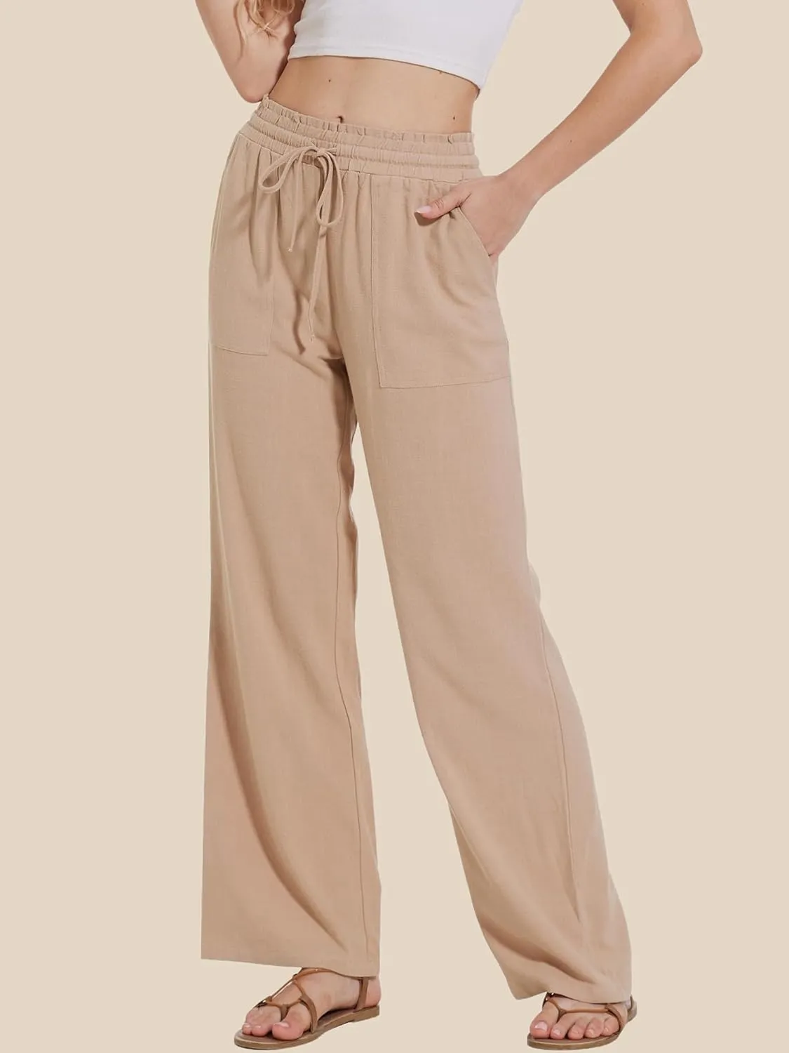 Moss Rose Women's Linen Pants Drawstring High Waisted Flowy Wide Leg Palazzo Trousers with Pockets