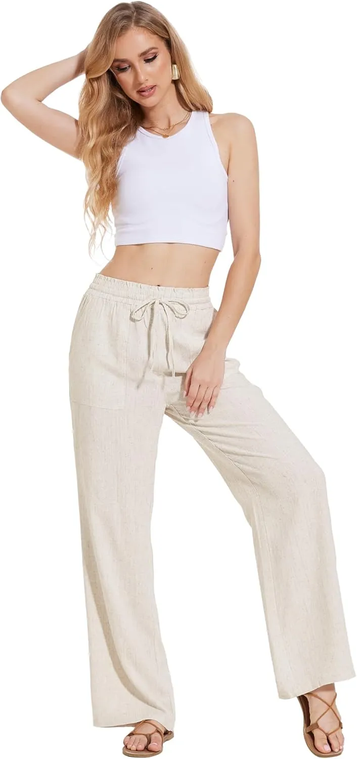 Moss Rose Women's Linen Pants Drawstring High Waisted Flowy Wide Leg Palazzo Trousers with Pockets