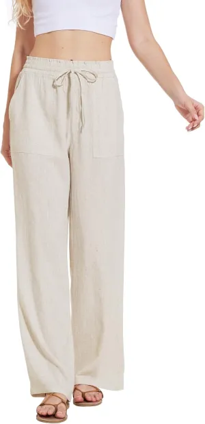 Moss Rose Women's Linen Pants Drawstring High Waisted Flowy Wide Leg Palazzo Trousers with Pockets