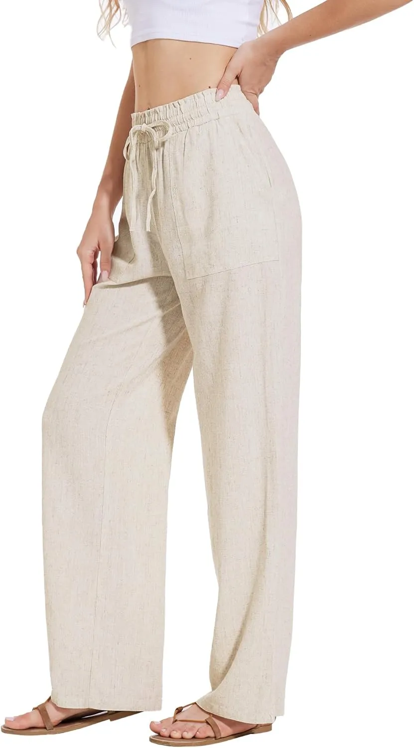 Moss Rose Women's Linen Pants Drawstring High Waisted Flowy Wide Leg Palazzo Trousers with Pockets