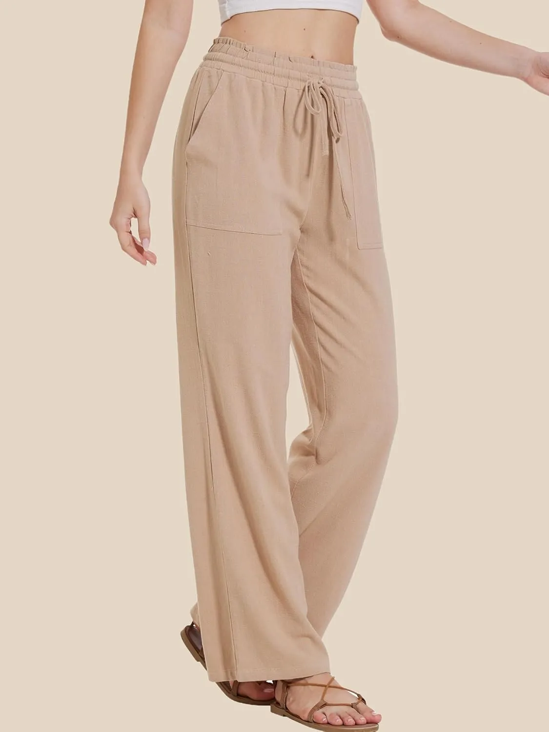 Moss Rose Women's Linen Pants Drawstring High Waisted Flowy Wide Leg Palazzo Trousers with Pockets