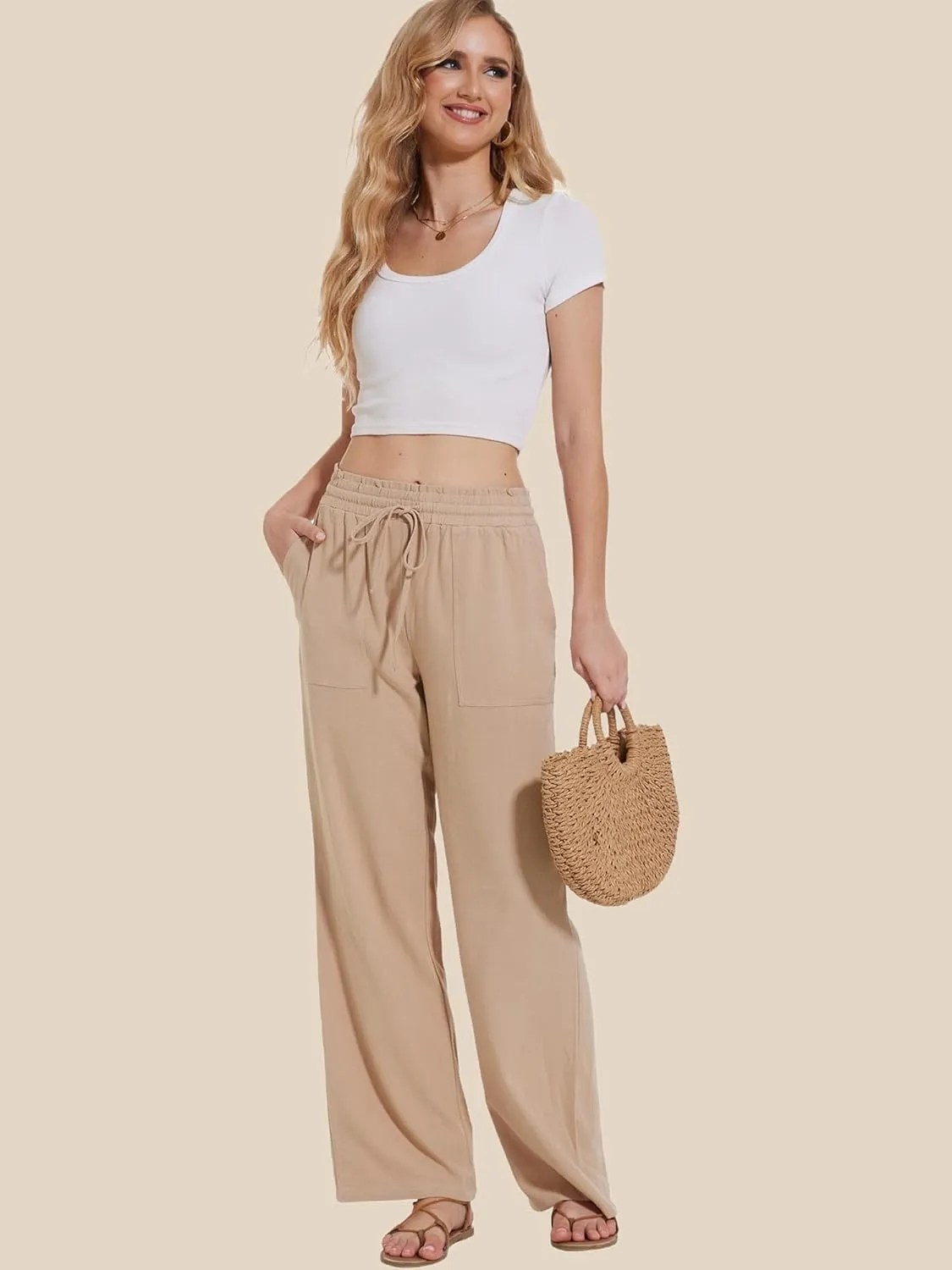 Moss Rose Women's Linen Pants Drawstring High Waisted Flowy Wide Leg Palazzo Trousers with Pockets
