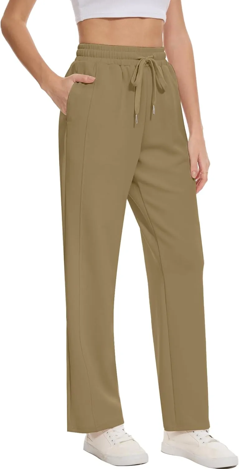 Moss Rose Women's Straight Leg Casual Sweatpants Elastic Waisted Workout Pants with Pockets
