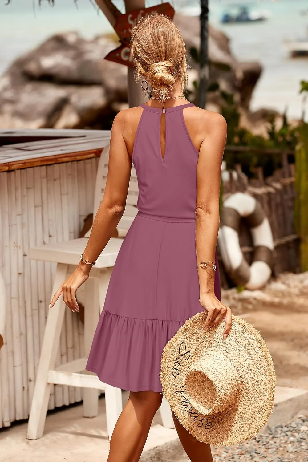 Newshows Womens 2025 Summer Dress Halter Wedding Guest Casual Beach Vacation Outfits Belted Sundresses with Pockets