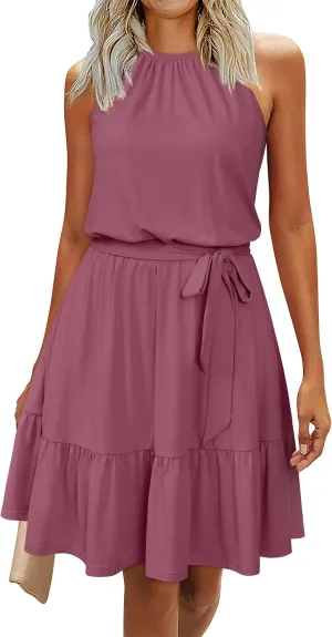 Newshows Womens 2025 Summer Dress Halter Wedding Guest Casual Beach Vacation Outfits Belted Sundresses with Pockets