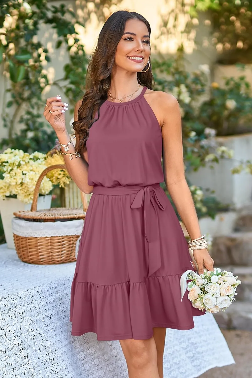 Newshows Womens 2025 Summer Dress Halter Wedding Guest Casual Beach Vacation Outfits Belted Sundresses with Pockets