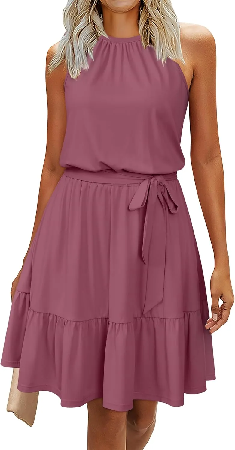 Newshows Womens 2025 Summer Dress Halter Wedding Guest Casual Beach Vacation Outfits Belted Sundresses with Pockets