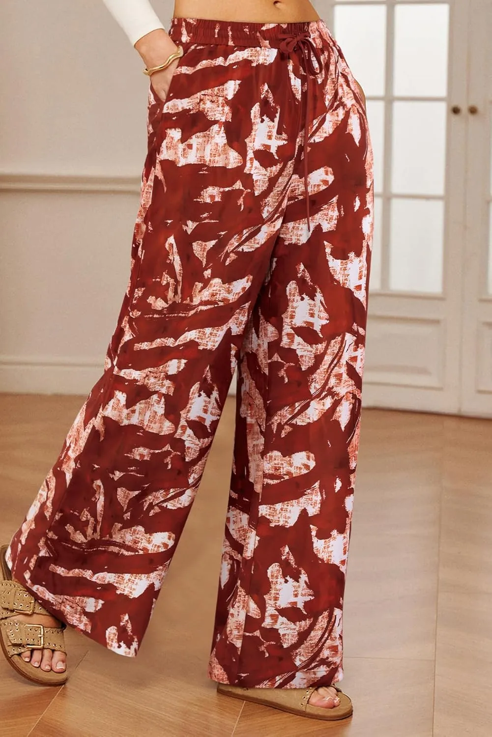NIMIN Women Wide Leg Palazzo Pants High Waisted Casual Flowy Lounge Pants Floral Solid Beach Trousers with Pockets